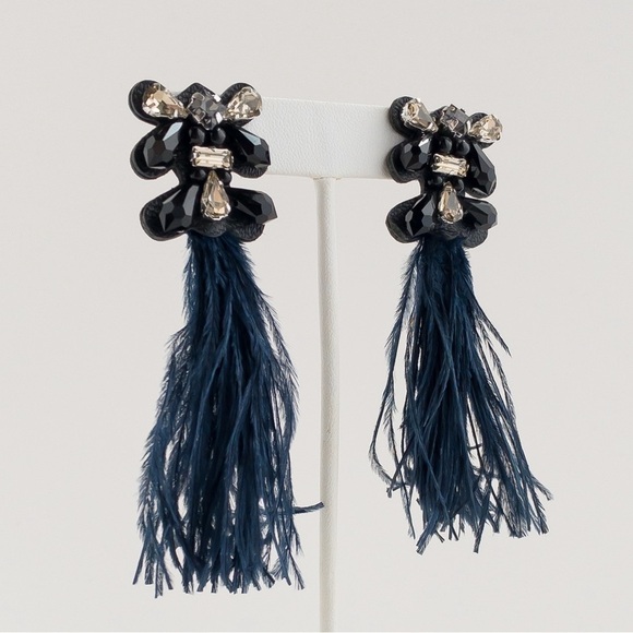 Stella & Dot Navy French Twist Feather Earrings Crystal Rhinestone Drop Dangle - Picture 7 of 10